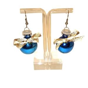 Christmas Ornament Earrings Blue Ball White Gold Bow